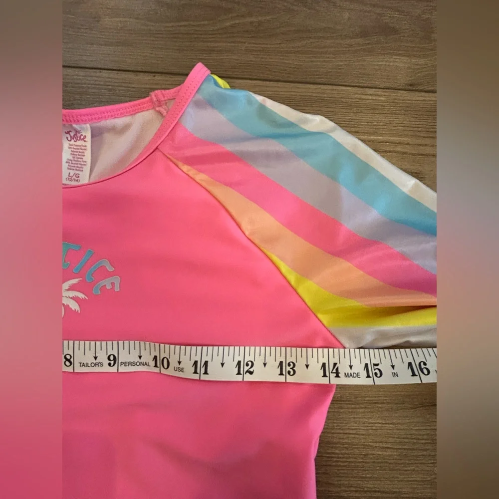 Justice Girls L 12/14 Neon Pink Rainbow Sleeve Swimtek Top
